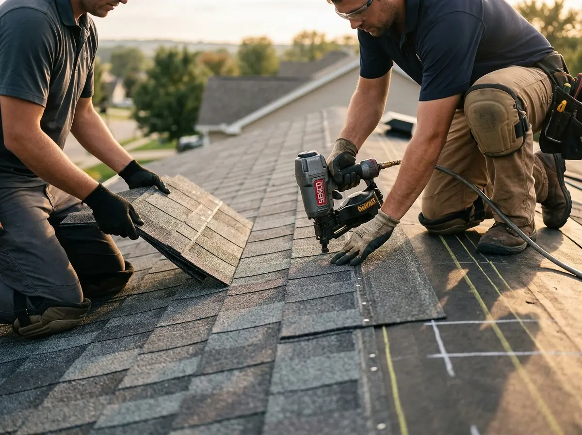 Professional roofer working on a residential roof in Elmwood Park